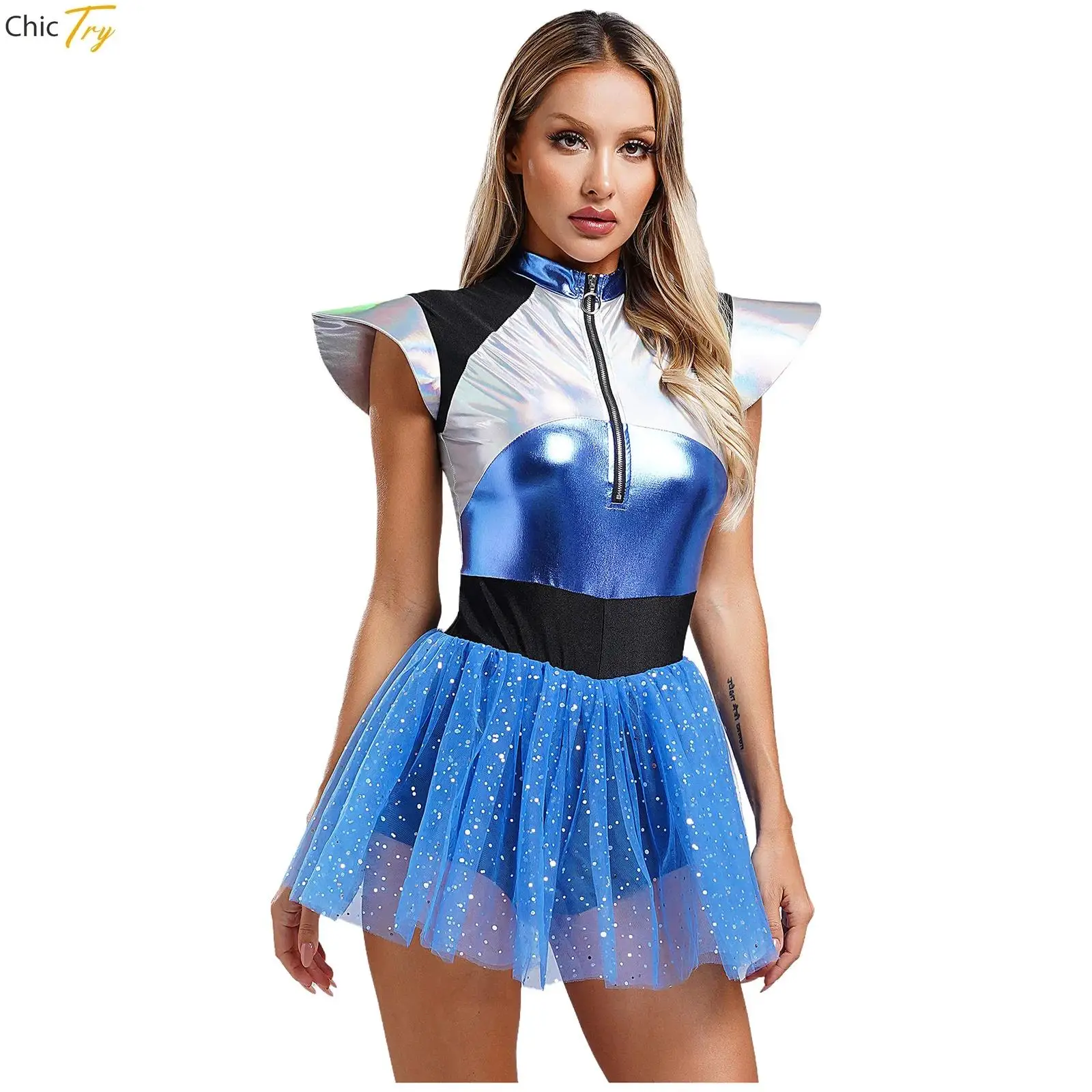 Women Alien Astronaut Bodysuit Halloween Cosplay Cheerleading Dance Costume Metallic Shiny Spangles Ballet Tutu Leotard Dress-animated-img