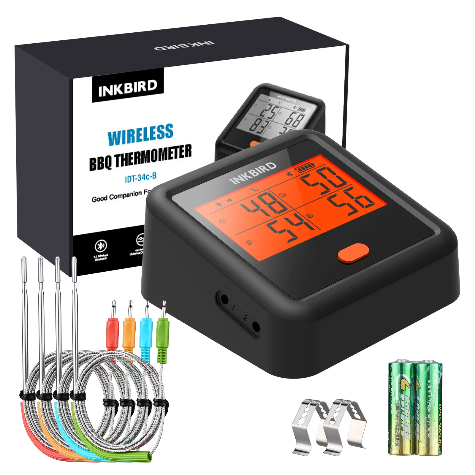 INKBIRD BBQ Meat Grill Thermometer with 4 Meat Probes Stepless Dimming Backlit LCD Free App Control Temperature Pre-Alarm Timers-animated-img