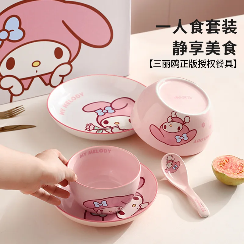 Sanrio Meiledi Big Ear Dog Ceramic Bowl And Dish Set For Home Use Thickened And High Beauty Tableware-animated-img