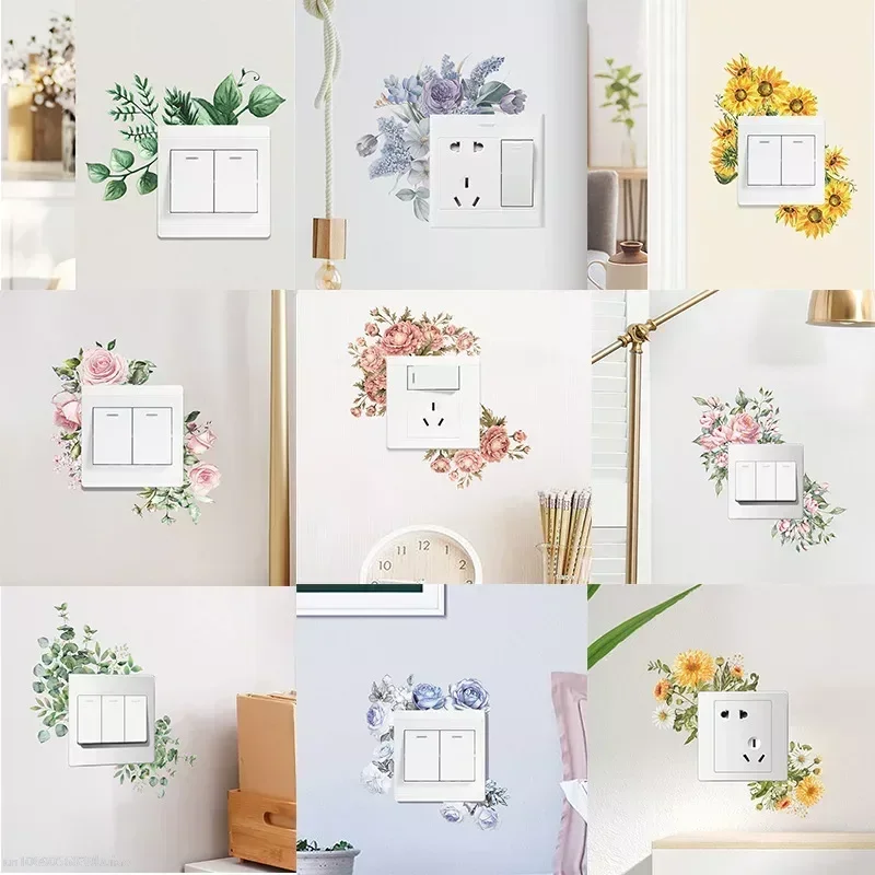 Flower Switch Stickers Green Leaves Plants Wall Sticker Tropical Switch Wallpaper Self-Adhesive Wall Decals Home Decor DIY-animated-img