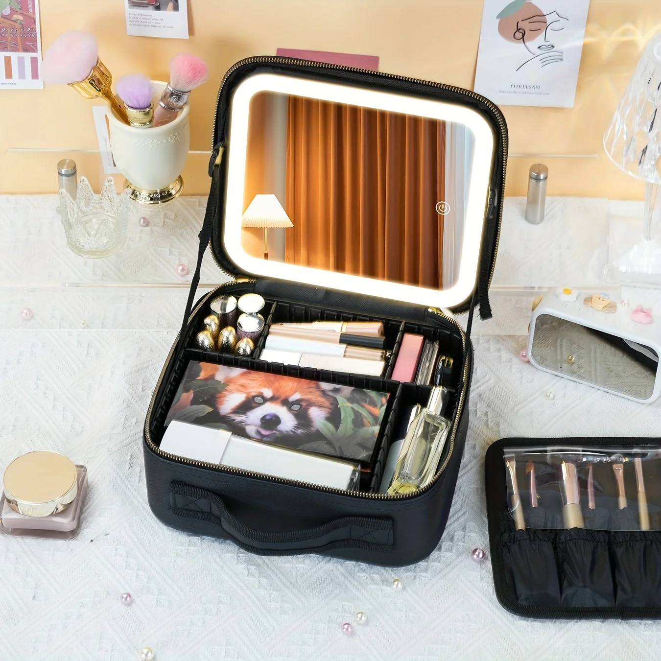 LED Lighted Travel Makeup Bag With Mirror Portable Waterproof Makeup Organizer Cosmetic Case, Birthday Gift For Girls Women-animated-img