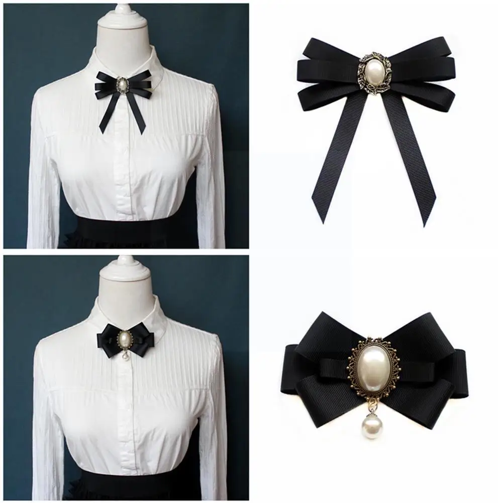 Black Ribbon Pearl Black Bow Tie Women Blouse Bowknot Temperament All-match Elegant Wear Accessories G1T7