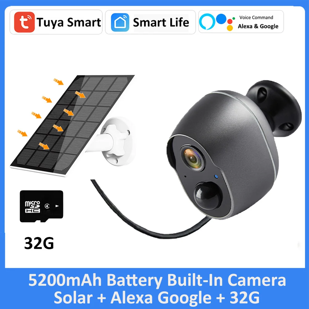3MP Tuya Smart Life 5200/9000mAh Rechargeable Battery Solar Outdoor WIFI  1080P Surveillance Security Siren Camera Alexa Google