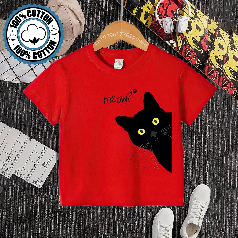 Children's 100% cotton T-shirt Street Black cat print boys and girls baby comfortable casual short-sleeved teen top Cotton T-shi-animated-img