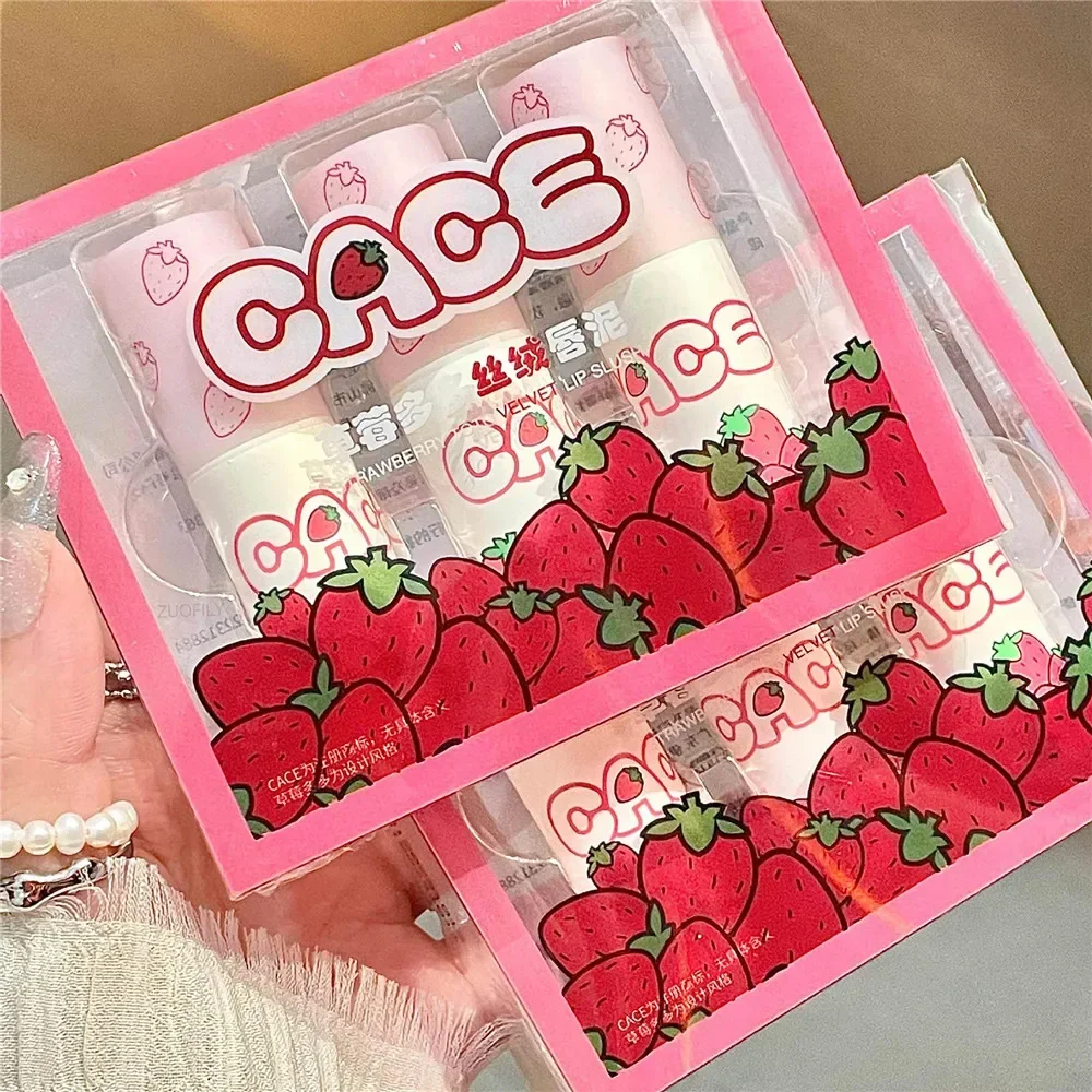 Cute Strawberry Lip Mud Matte Velvet Non-Fading Non-stick Cup Lip Glaze Waterproof Long-lasting Moisturizing Matte Lip Gloss Set-animated-img