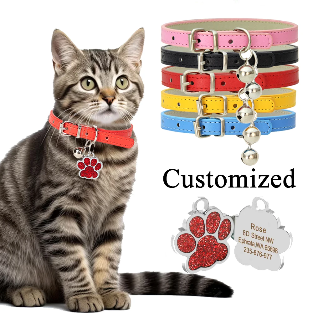 Pet Collars with Personalized ID Tag Adjustable PU Collar Anti-lost Engraved Address Customized Cat Dog Collars Pet Accessories-animated-img