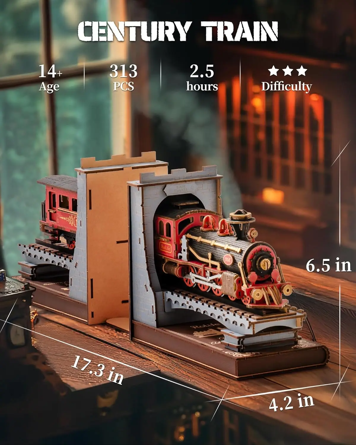 Robotime Rolife Nook Kits DIY Miniature Kit 3D Wooden Puzzle Century Train Booknook Model Kits Bookshelf Decoration for Adults-animated-img