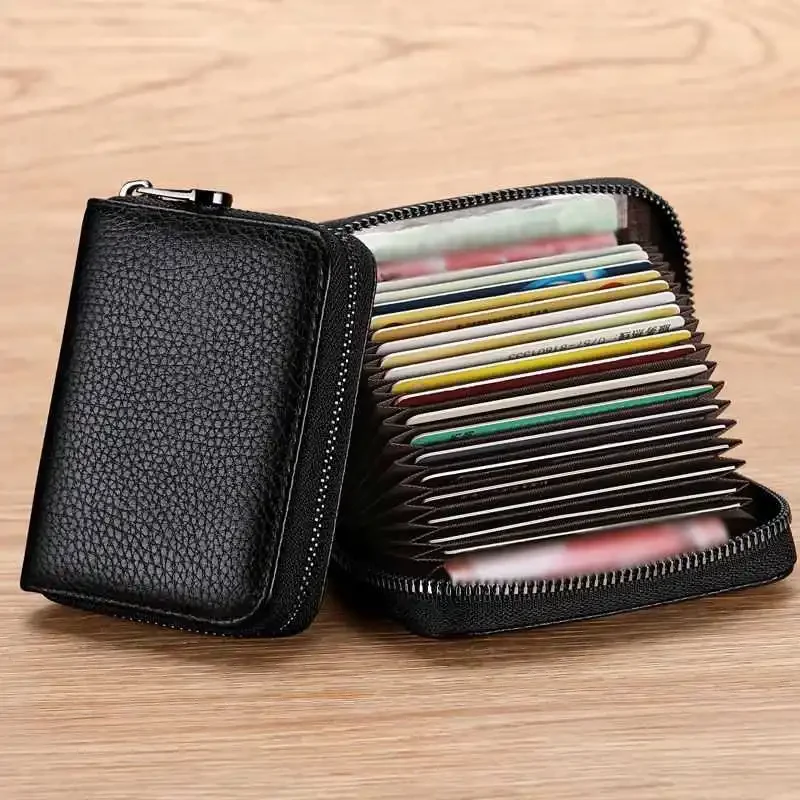 Multi Slot Card Holder Vintage Small Wallet Women Men Business Bank Credit Card Bag Male Coin Pouch Solid Leather Zipper Wallet-animated-img