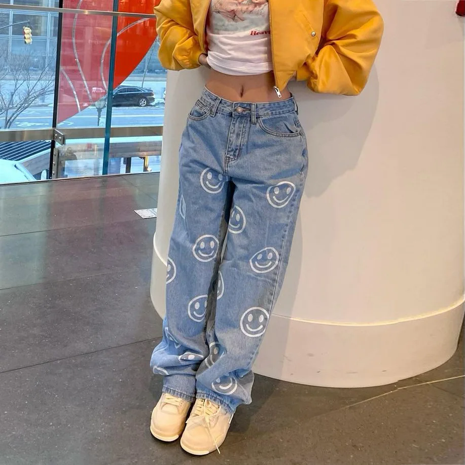 Y2K retro printed jeans smiling face hip-hop fashion casual tide brand wide-leg denim trousers women Y2K retro women's clothing-animated-img