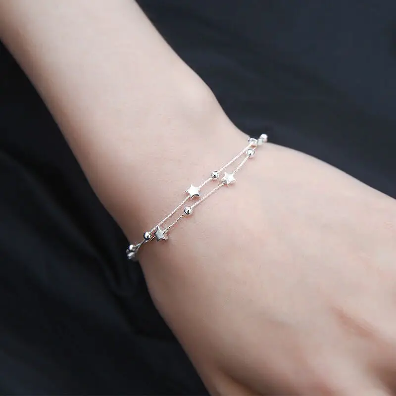 925 Sterling Silver Bead Chain Bracelets For Women Korean Sweet Double Layer Beautiful Stars Bracelets Original Jewelry Gifts preview-5