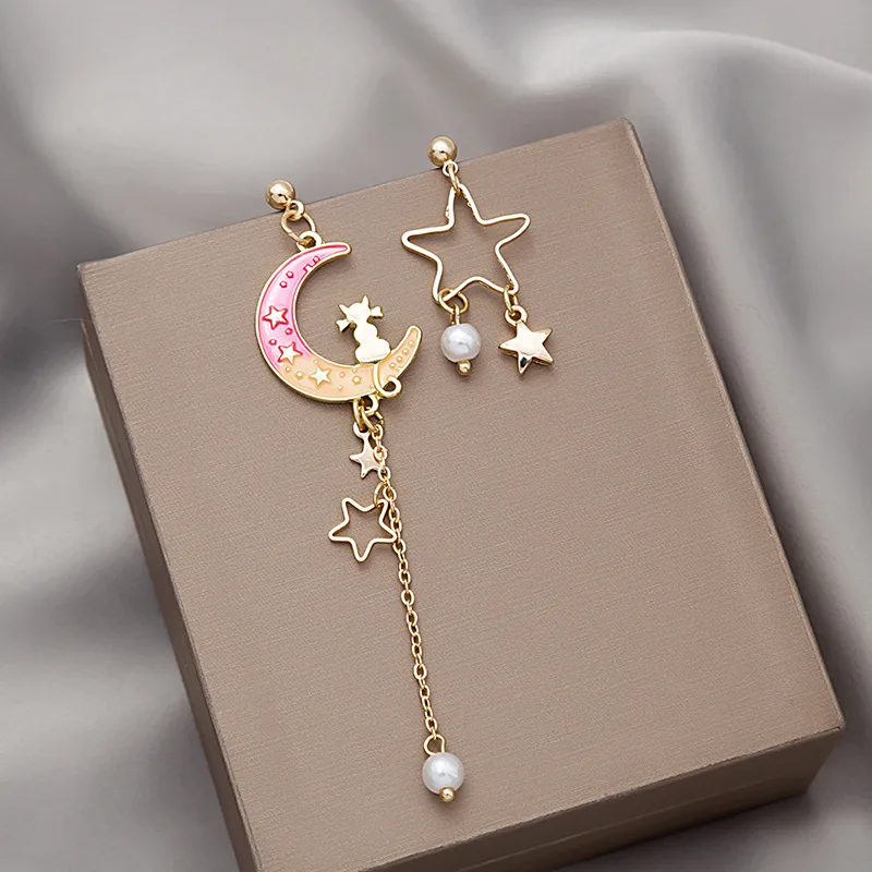 Korean Exquisite Stars Moon Dangle Earrings For Women Cute Kitten Rabbit Flowers Asymmetric Tassel Earring Girls Wedding Jewelry-animated-img