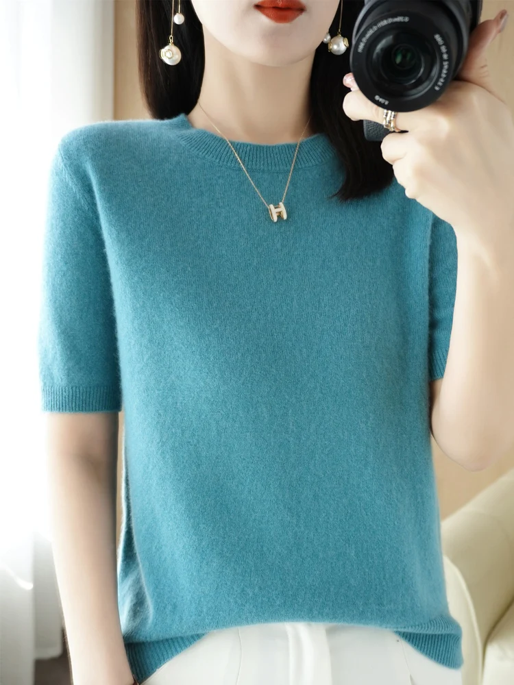 New Chic Women Summer T-shirt O-neck Short Sleeve Pullover Sweater Merino Wool Knitwear Basic Soft Clothing Korean Style Tops-animated-img