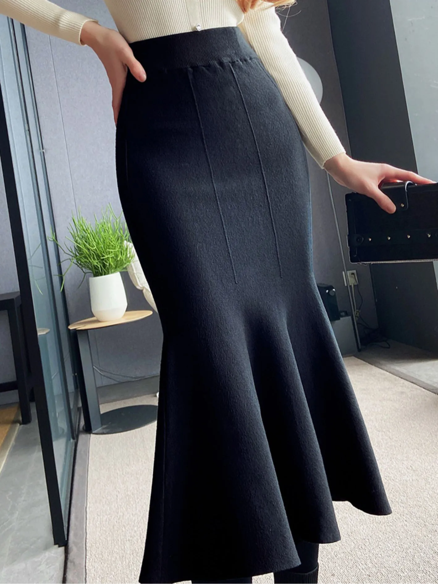 Women Black Knitted Skirt Slim High Waist Mermaid Elegant Retro Party Fashion Evening Classy Femme Jupes C-067-animated-img