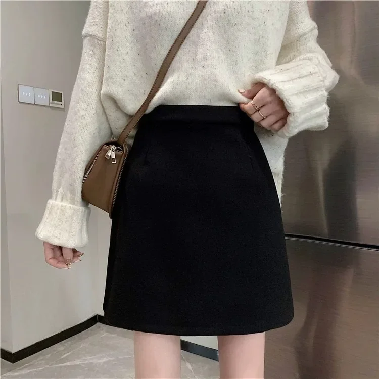 Black Woolen Skirt Women's New 2023 Autumn Winter High-waisted Slimming Mini Dress A- line Petite-animated-img