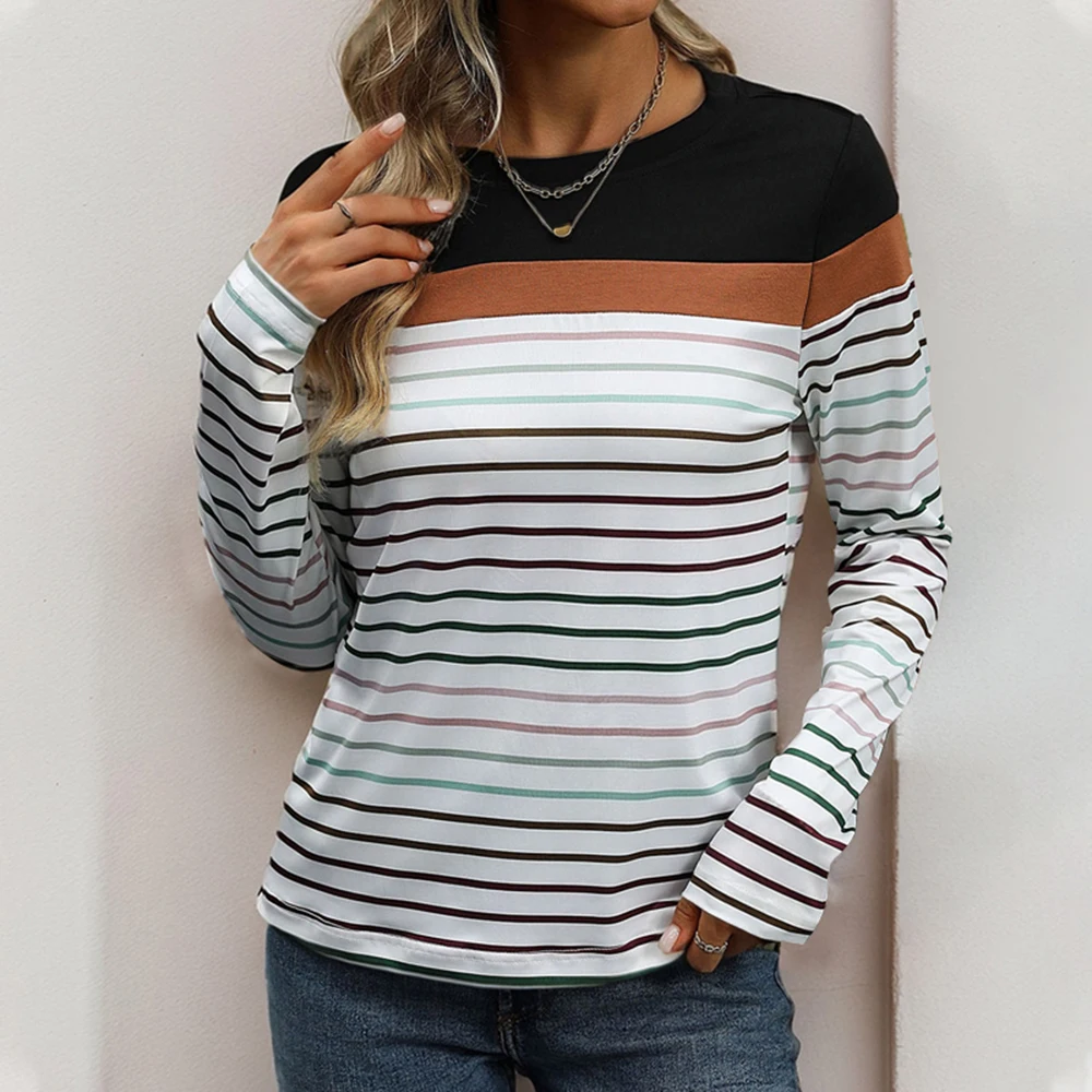 Women's Striped Round Neck Long Sleeve T-Shirt, Ladies Tops, Crew Neck Pullover, Casual Daily Shirts, Black and White Print Tee-animated-img