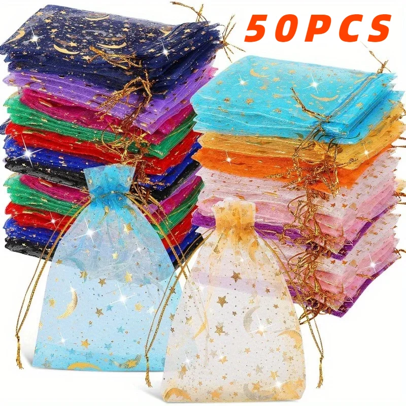 50PCS Moon Stars Drawstring Organza Bags Jewelry Gift Bags Pouches Gold Star Organza Favor Pouches for Christmas Wedding-animated-img