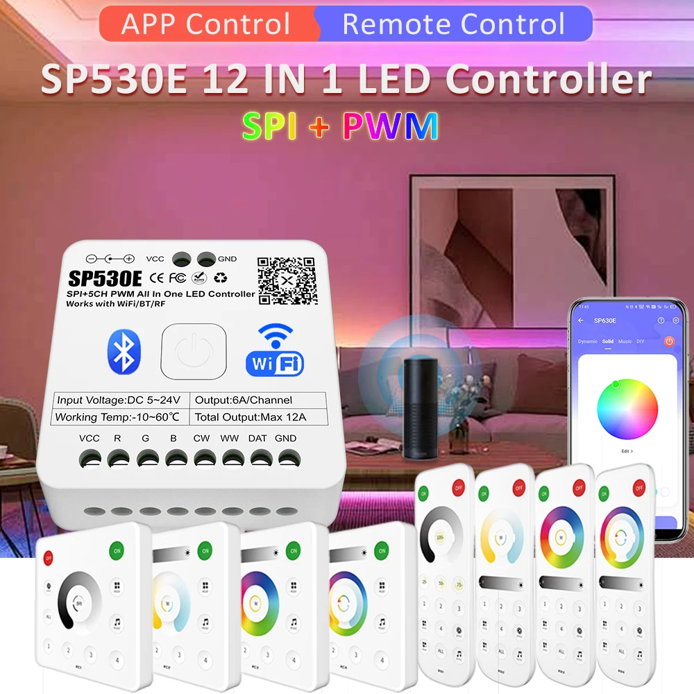 LED Controller SP530E Wifi Bluetooth RF 5V 12V 24V 5CH WS2812B WS2811 SK6812 LED Strip Controler Works with Alexa Google Home-animated-img