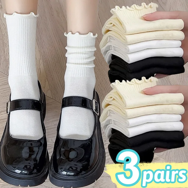 Harajuku Ruffle Socks Women Girls Sweet Cotton Middle Tube Black White Socks Jk Lolita Soft Breathable Ankle Loose Short Sock-animated-img