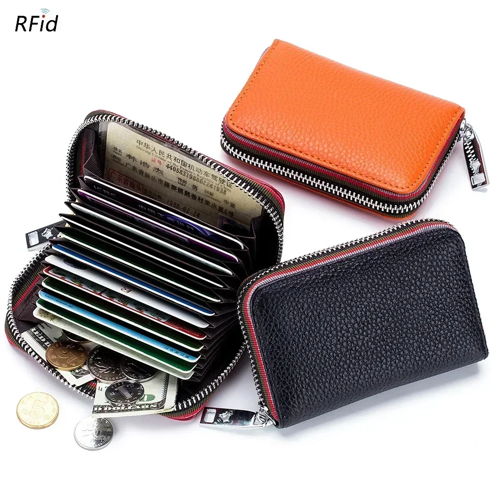 Genuine Leather Men Women Card Holder Small Zipper Wallet Solid Coin Purse Accordion Design Rfid ID Business Credit Card Bags-animated-img