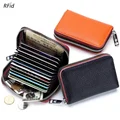 Genuine Leather Men Women Card Holder Small Zipper Wallet Solid Coin Purse Accordion Design Rfid ID Business Credit Card Bags