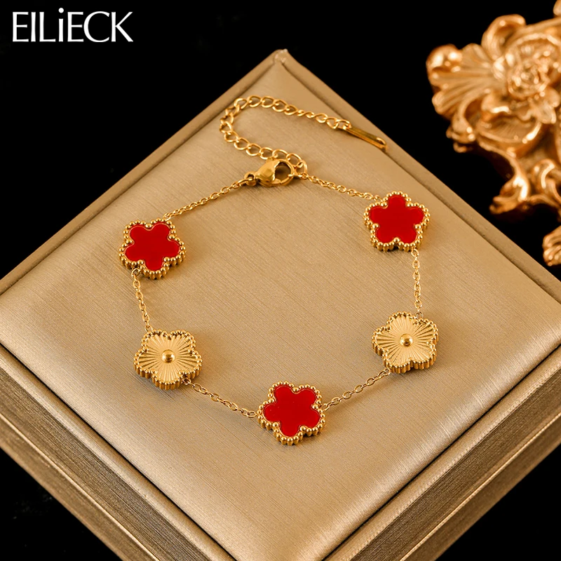 EILIECK 316L Stainless Steel Red Five-Leaf Clover Flower Bracelet Trendy Wrist Chain Bangles Jewelry For Women Holiday Gifts-animated-img