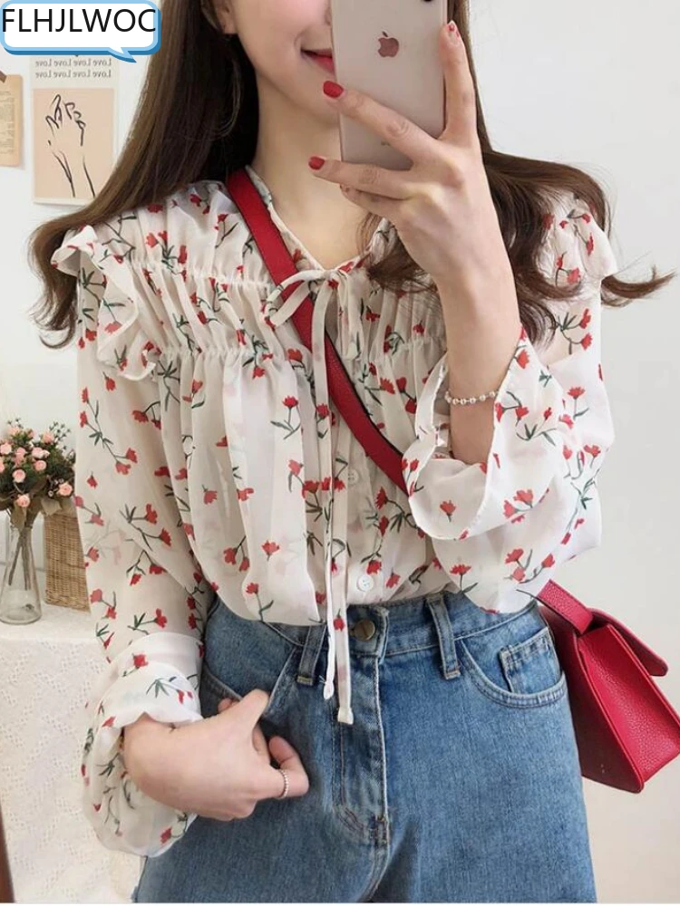 Chiffon Blouses Shirts Women Top Korean 