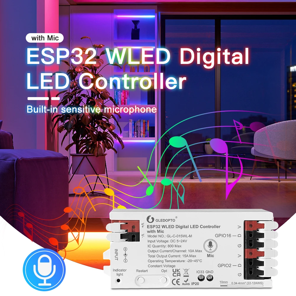 5-24V DIY ESP32 WLED LED Controller with Mic Microphone Music Sound Dynamic WiFi Controller WS2811 WS2812 SK6812 Led Pixel Light-animated-img