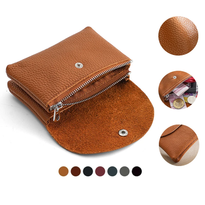 Women's Soft Genuine Leather Coin Purse Retro Zipper Small Wallets Card Holder Portable Men Cowhide Solid Simple Money Bag Pouch-animated-img