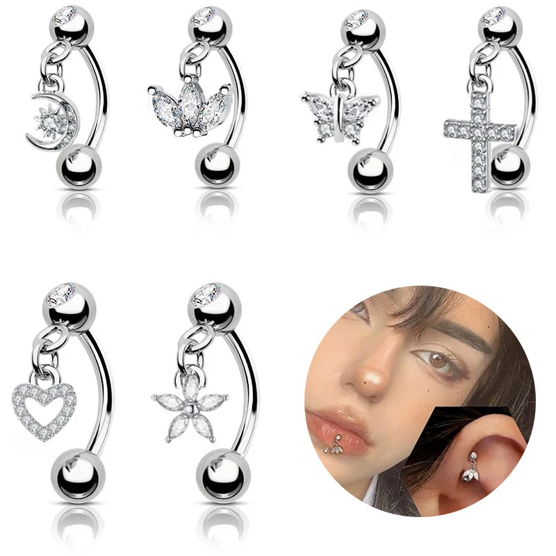 1pc Zircon Eyebrow Piercing Stud Earrings Curved Barbell Belly Banana Ring Snug Daith Helix Cartilage Tragus Conch Body Jewelry-animated-img