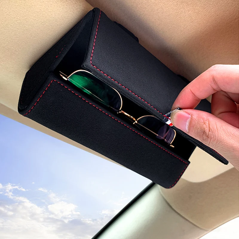 Car Glasses Holder Universal Sun Visor Suede Leather Sunglasses Case Microsoft Eyeglasses Hanger Glasses Box Organizer-animated-img