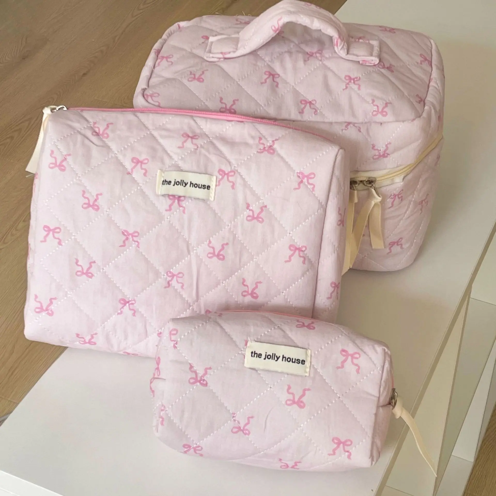 2024 Pink Bowknot Quilting Women Cosmetic Bag Portable Zipper Makeup Travel Organizer Female Handbag Toiletry Pouch For Girls-animated-img