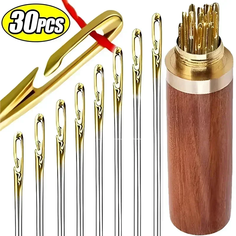 12/30Pcs Side Hole Blind Sewing Needles Stainless Steel Elderly Needles Hand Sewing Stitching Pin DIY Home Self Threading Needle-animated-img