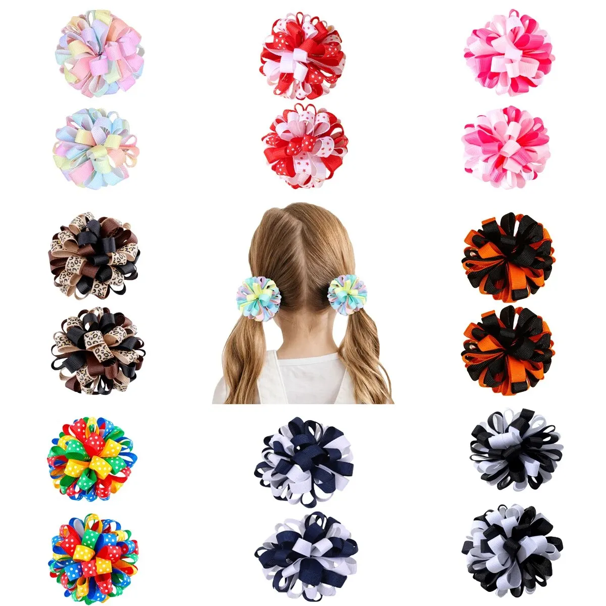 2PC Hair Clips for Girls Ribbon Ball Flower Clips Baby Girls Hair Accessories Hair Clip Headwear Ideal Gift for Girls-animated-img