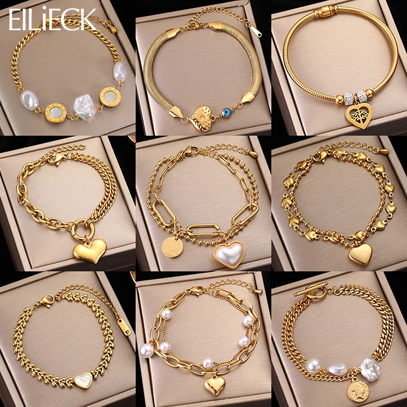 EILIECK 316L Stainless Steel Heart Pearls Charm Bracelet For Women Fashion Girls Bangle Wrist Jewelry Party Birthday Gift Bijoux-animated-img