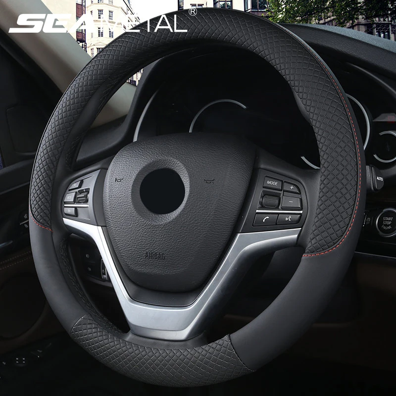 SEAMETAL 38cm Steering Wheel Cover PU Leather Anti Slip Steer Wheel Protector Breathable Fiber Braid Universal Steering Cover-animated-img