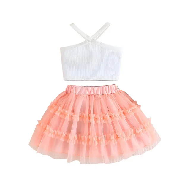 Terno For Kid Girl 4-8 Years old Fashion Croptop and Tulle Skirt Summer Outfit Toddler Infant Clothing Set-animated-img