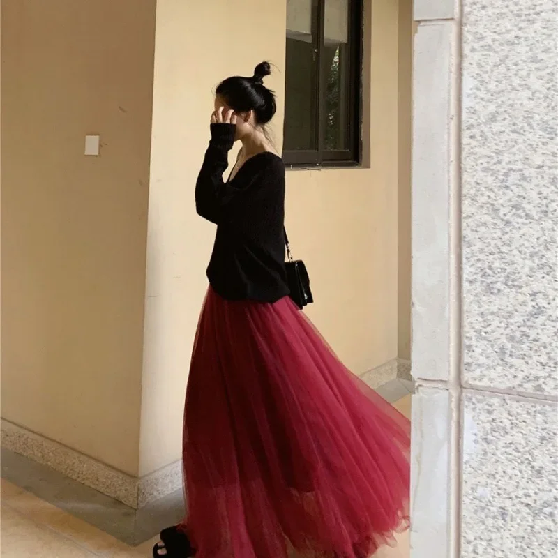 2024 New Mesh Half-length Fairy Wine Red Slimming Puff Skirt High-waisted Versatile Medium-length Spring Women's Dress-animated-img