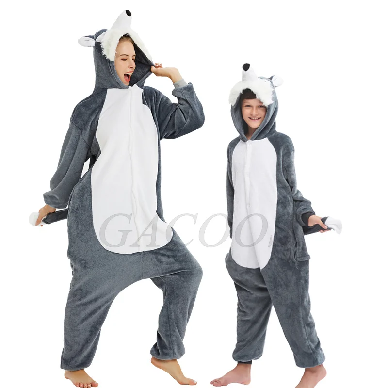 Kigurumi Animal Wolf Dog Onesies Women Men Adult Cosplay Pajamas One Piece Unicorn Tiger Costume Jumpsuits Winter Warm Overalls-animated-img