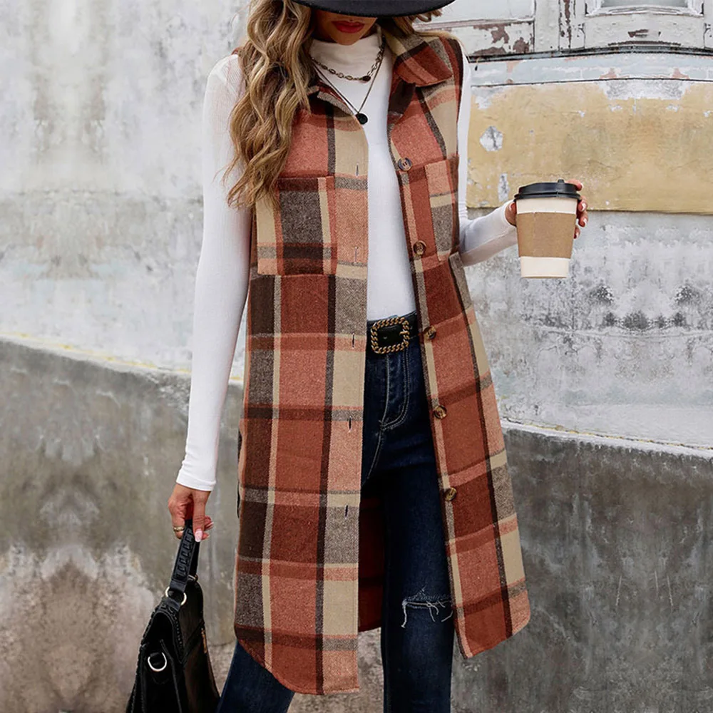 Women's Plaid Open Front Vest Casual Lapel Button Down Sleeveless Long Jacket Coat with Pockets, Street Daily Wear, Warm Stylish-animated-img