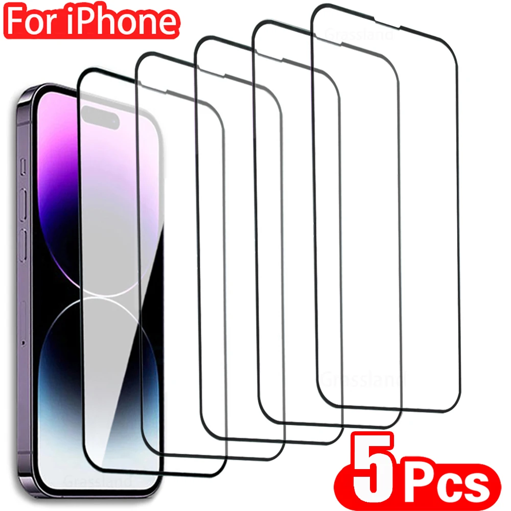 5Pcs Tempered Glass For iPhone 15 14 13 12 11 Pro XR X XS Max Screen Protector For iPhone 7 8 Plus Full Cover Protective Glass-animated-img