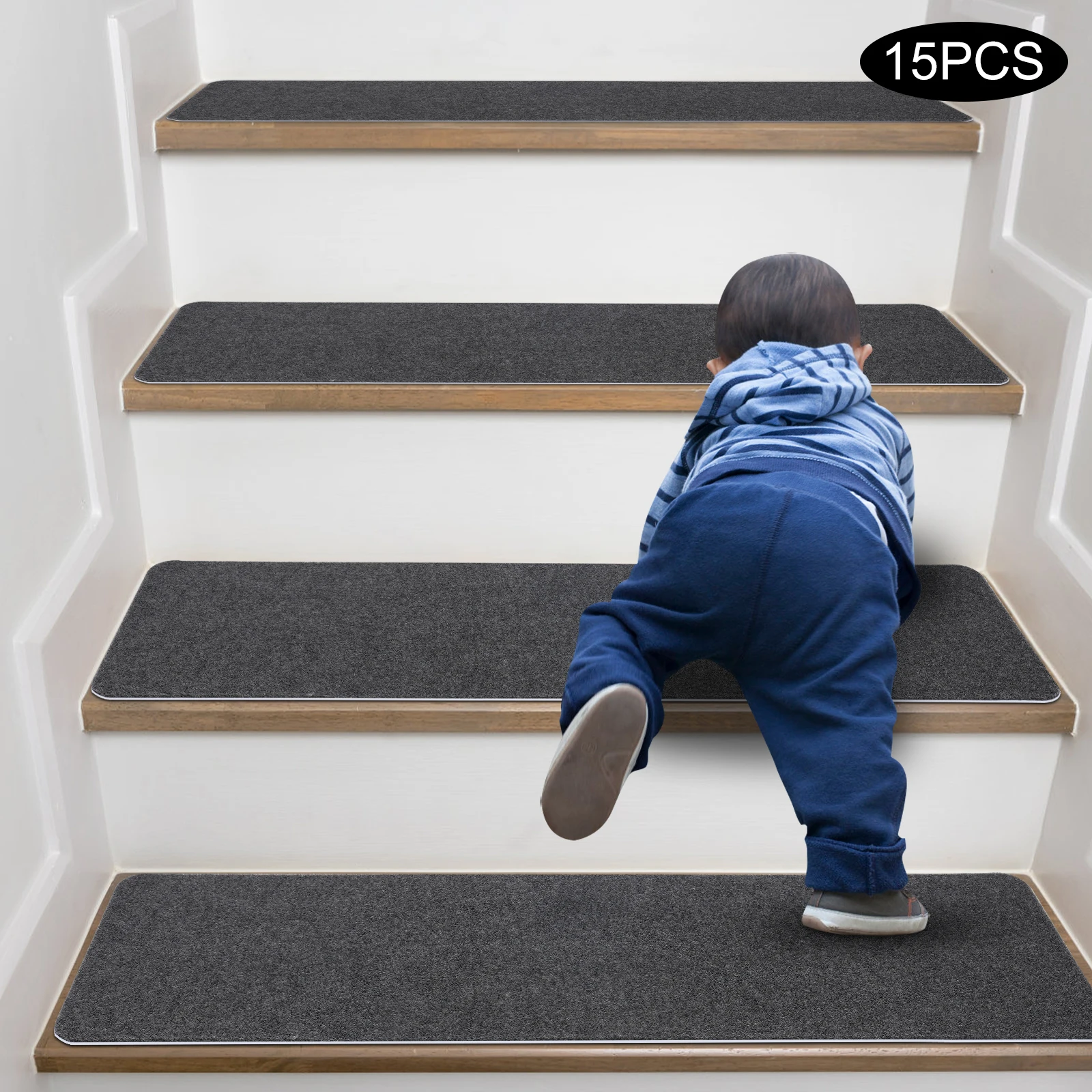 15pcs Stair Step Carpet Back Self-adhesive Hallway Stair Mat Step Rugs Indoor Safety Mute Floor Mats Pad Gray 20.3 * 76cm-animated-img