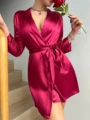 Solid Satin Night Robe Long Sleeve V Neck Robe With Belt Women's Sleepwear preview-5