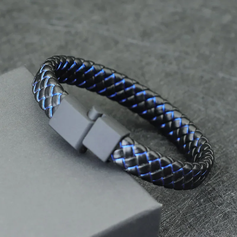 Black Braided Leather Bracelet Charms Metal Magnetic Cuff Bracelet Bangle For Mens Armband Warp Jewelry Gift-animated-img