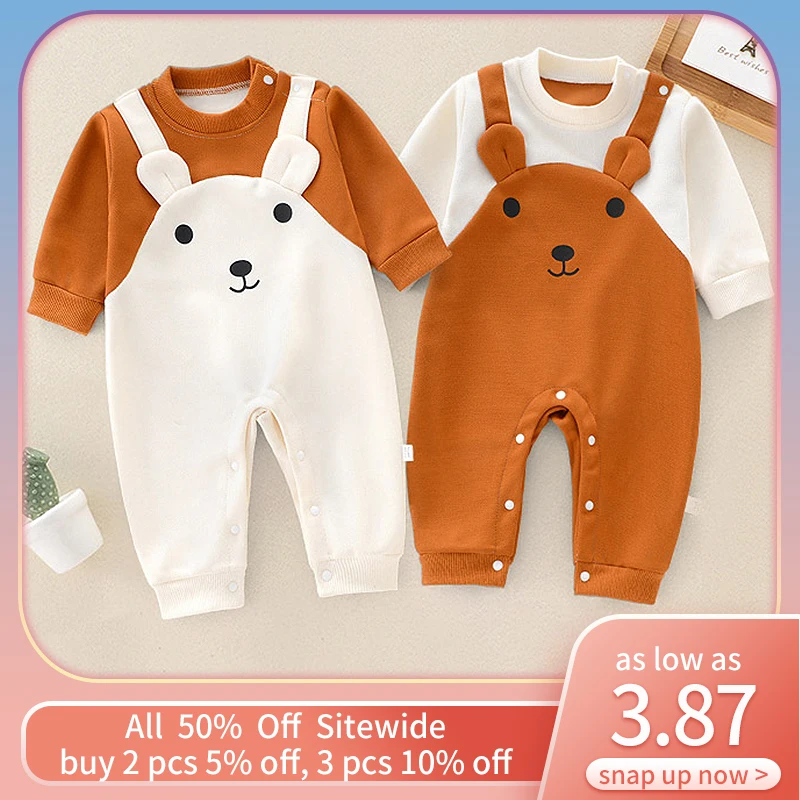 Cartoon Bear Baby Romper Fake Overalls Autumn Infant Long Sleeve Pant Jumpsuit Korea Girl Boy One Piece Bodysuit Toddler Clothes-animated-img
