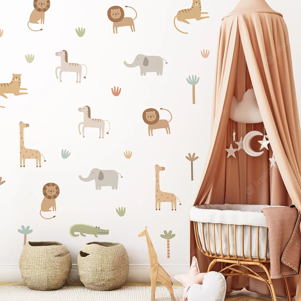 Cute Cartoon Safari Animals Lion Giraffe Elephant Nursery Wall Stickers for Kids Rooms Living Room Decor Wall Decals Wallpaper-animated-img