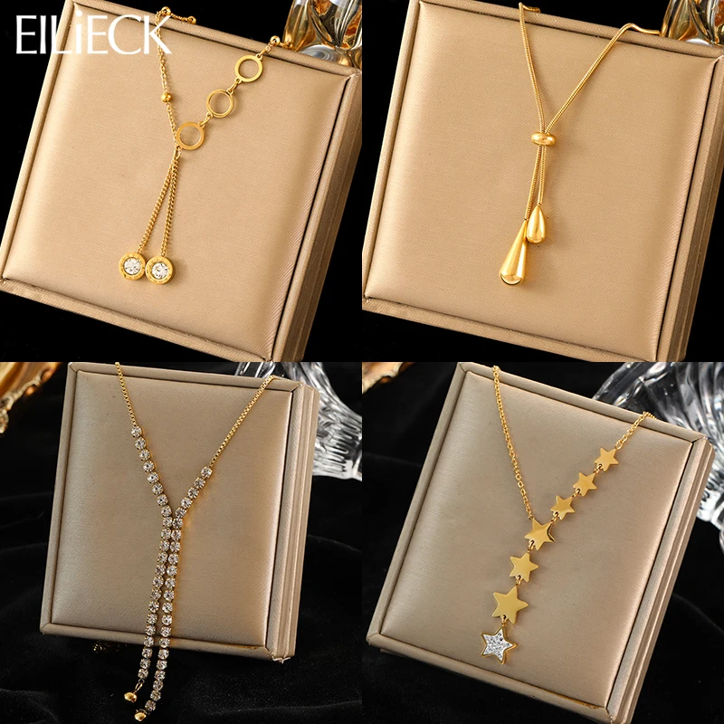 EILIECK 316L Stainless Steel Water Drop Zircon Star Tassel Necklace For Women Fashion Clavicle Chain Jewelry Lady Birthday Gift-animated-img