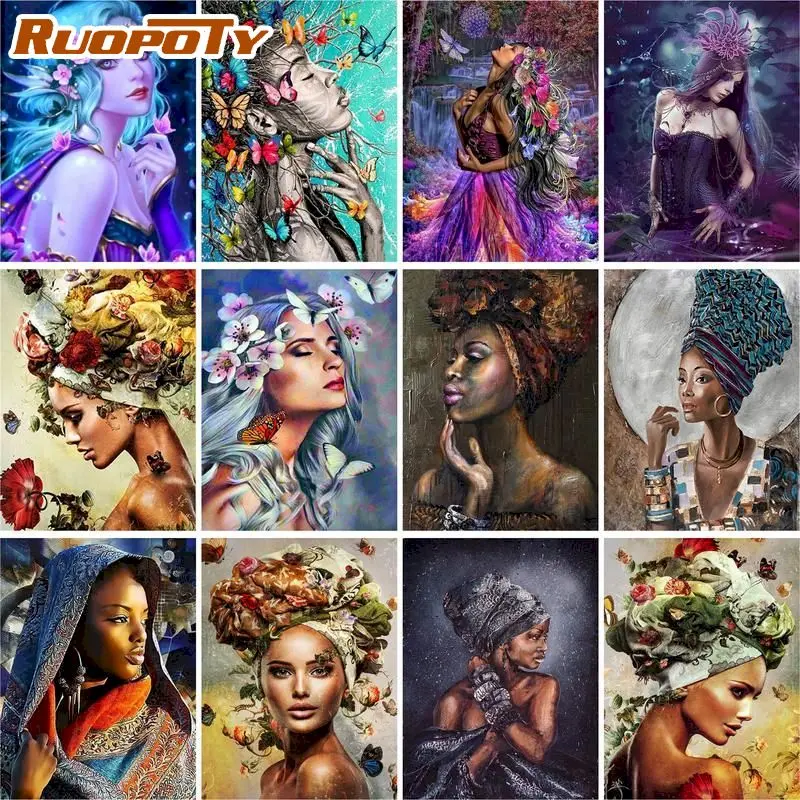 RUOPOTY DIY Painting By Numbers African Woman Paint By Numbers For Adults Flower Elf Picture 60x75cm Frames Decor Home Wall Art-animated-img