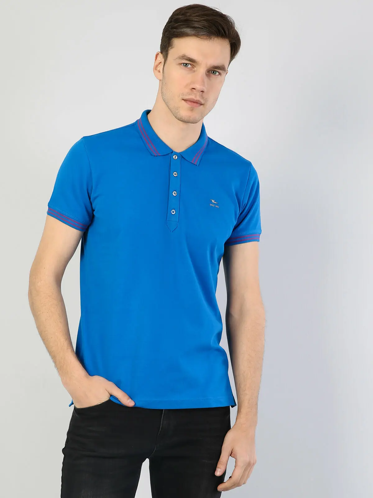 Colins Men Slim Fit Blue Short Sleeve 