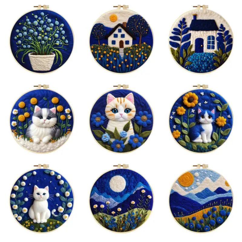 White Cat Felt Starter Kits For Adults Diy Wool Felting Painting Beginners Kit Embroidery Frame Wool Needlework Crafts-animated-img