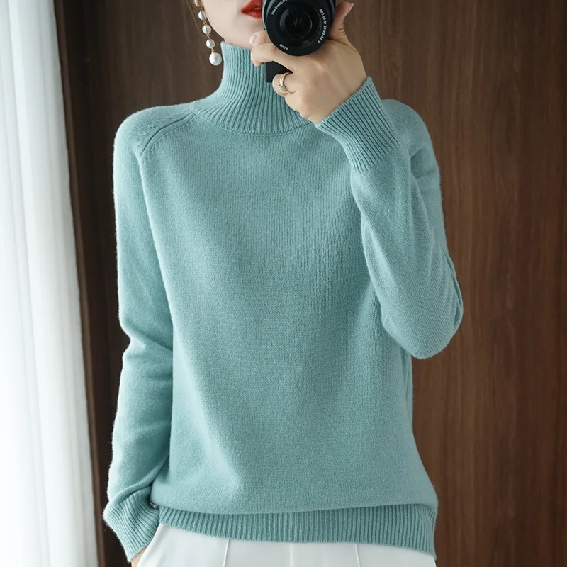 Turtleneck Merino Wool Pullover Basic Casual Cashmere Sweater Comfort Autumn Winter Women's Raglan Sleeve Clothing Tops-animated-img